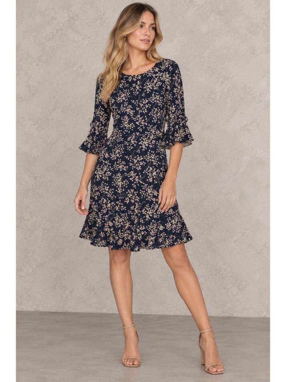 Boden Indie Ruffle Dress Floral Print Sleeves Navy Blue Floral Drapey Size 8